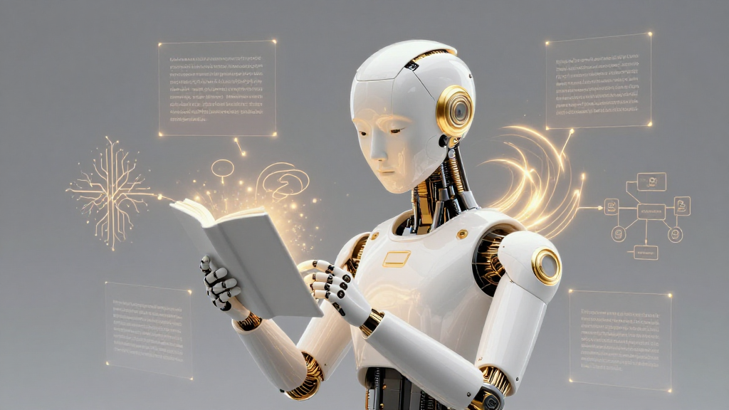A white and gold humanoid robot reads a glowing book, surrounded by floating text panels, neural network patterns, and reasoning diagrams connected by golden light trails.