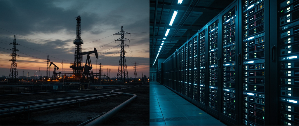 Split-screen image showing oil derricks and industrial pipelines silhouetted against a dusk sky on the left, mirrored by towering server racks with glowing blue-green GPU cards on the right, visually drawing a parallel between energy infrastructure and compute power as commodities.