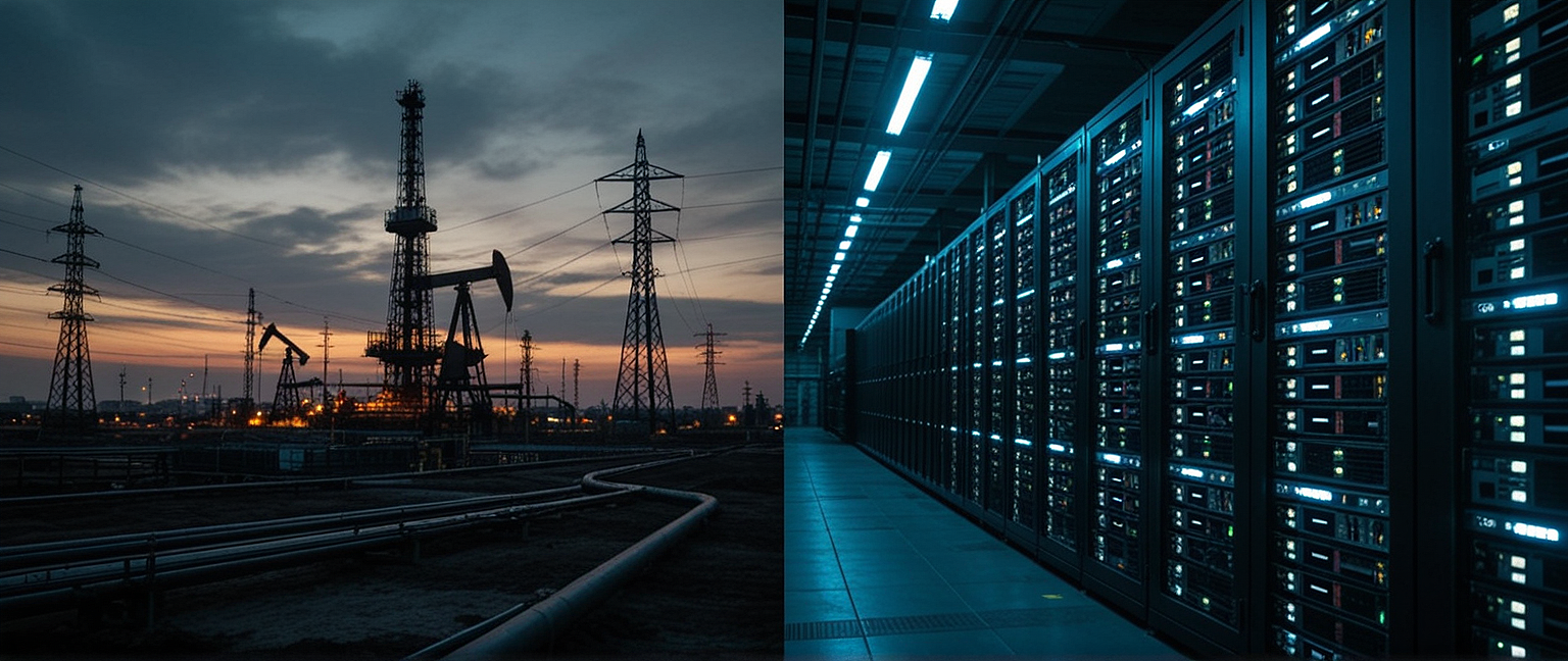 Split-screen image showing oil derricks and industrial pipelines silhouetted against a dusk sky on the left, mirrored by towering server racks with glowing blue-green GPU cards on the right, visually drawing a parallel between energy infrastructure and compute power as commodities.