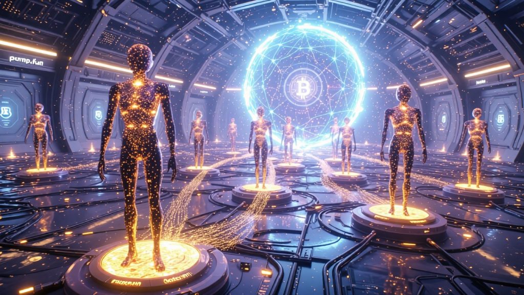A luminous AI agent with a glowing neural network core launches cryptocurrency tokens into swirling Solana blockchain energy, as golden trading fee streams flow back to power its compute in a self-sustaining digital ecosystem.