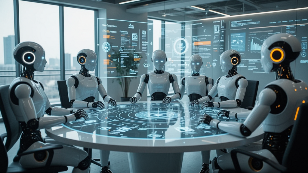 Five sleek humanoid AI robots coordinate around a bright, futuristic holographic conference table with floating digital interfaces, rendered in clean white, silver, and soft blue tones.