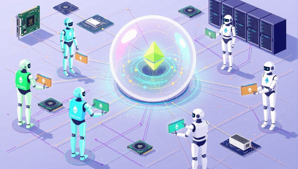 Autonomous AI agents with digital wallets bidding for GPU compute in a decentralized marketplace.
