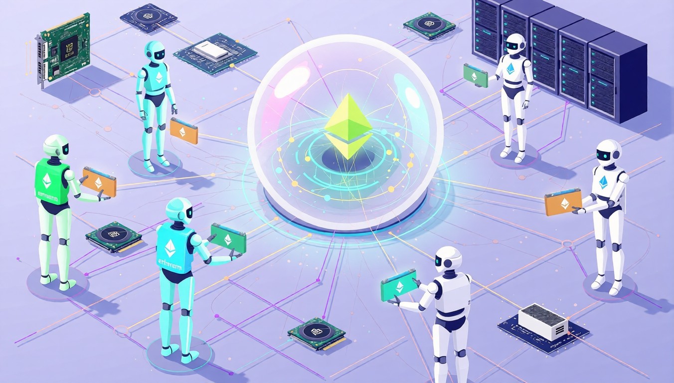 Autonomous AI agents with digital wallets bidding for GPU compute in a decentralized marketplace.