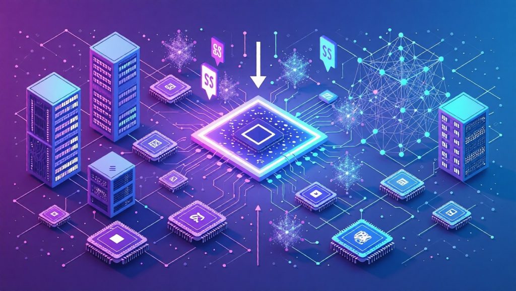 A modern illustration of an AI inference marketplace showing interconnected GPU chips and neural network nodes flowing into a central exchange hub, with visual elements suggesting declining costs and the convergence of proprietary and open-weight models.