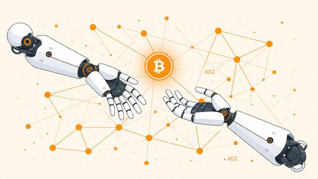 Two robot hands exchanging a glowing coin over a digital network, with the number 402 visible in the background.