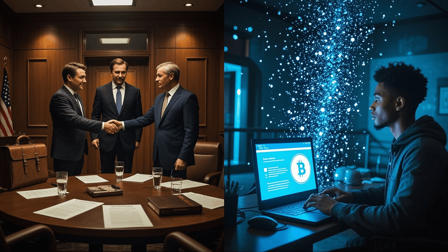 Split-screen image contrasting 1996 venture capital—suited investors in a closed conference room—with 2025 token launches, showing a developer at a laptop with digital tokens flowing into a global network.