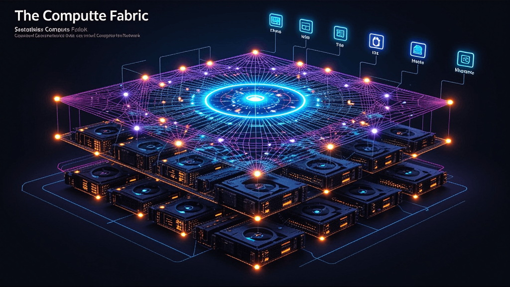 Cyberpunk-style visualization of CapIX's three-layer architecture: mesh-connected GPU nodes, central Smart Router, and application layer with Cloud, Code, and IDE icons.
