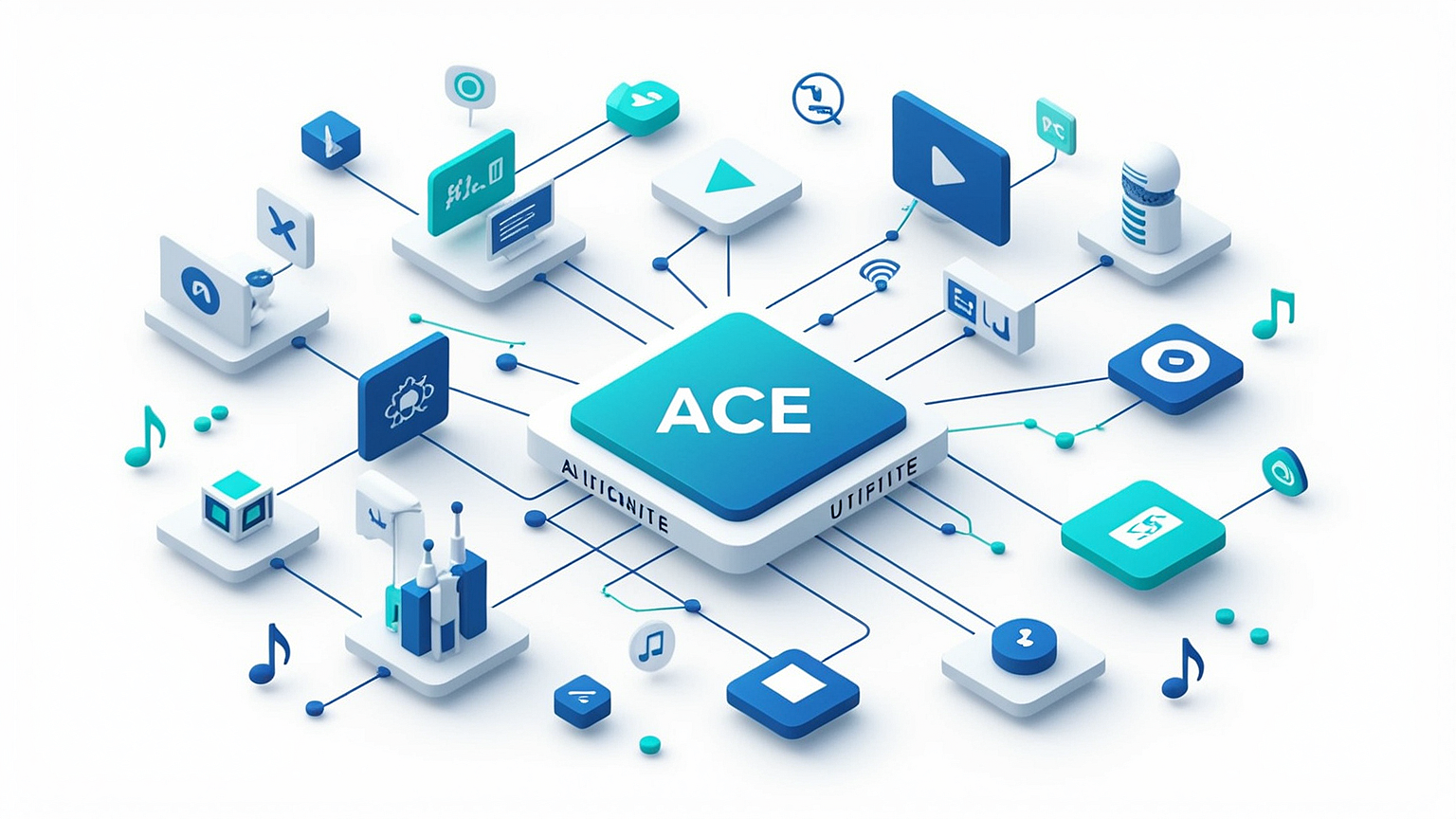 Clean, modern illustration showing the Ace Data Cloud platform as a central hub connecting various AI services—chat, image, video, and music generation—through a unified API interface.