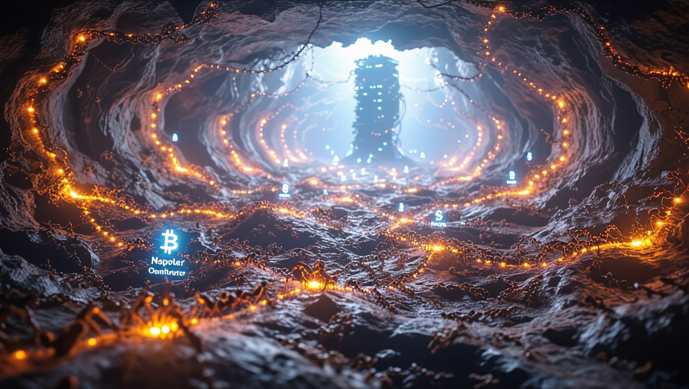 A luminous underground ant colony network with glowing interconnected nodes, where thousands of ants carry data packets through tunnel-like pathways.