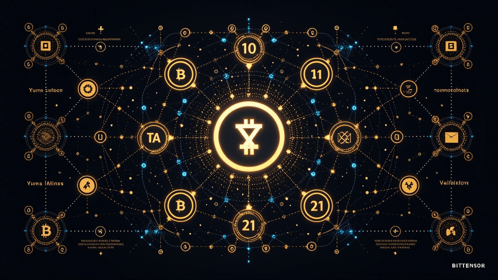Bittensor's decentralized AI marketplace visualization showing the TAO token symbol at the center of interconnected subnet nodes, representing miners, validators, and digital commodity flows.