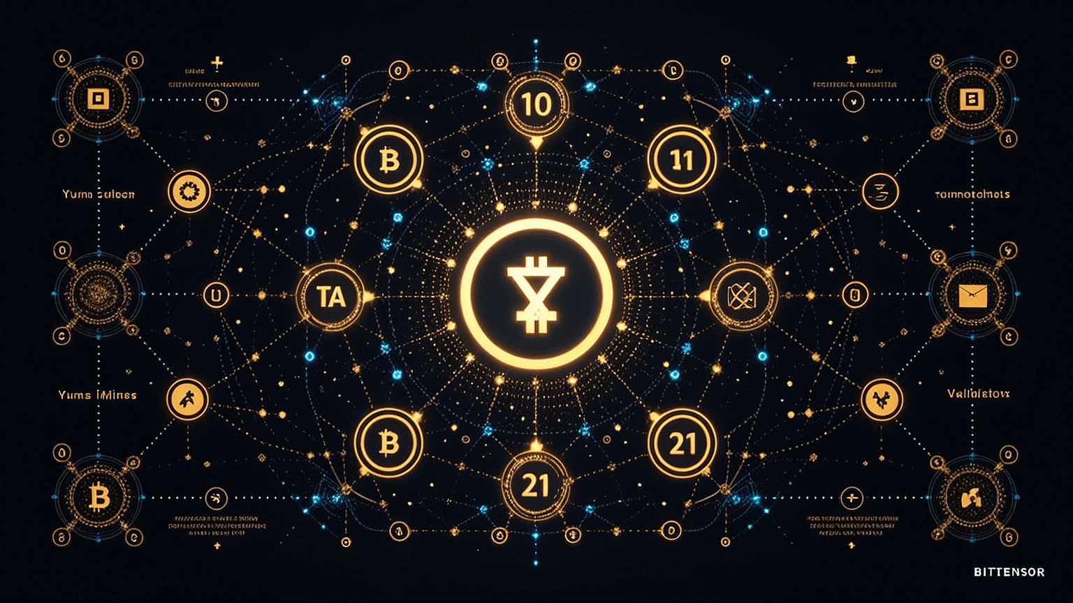 Bittensor's decentralized AI marketplace visualization showing the TAO token symbol at the center of interconnected subnet nodes, representing miners, validators, and digital commodity flows.