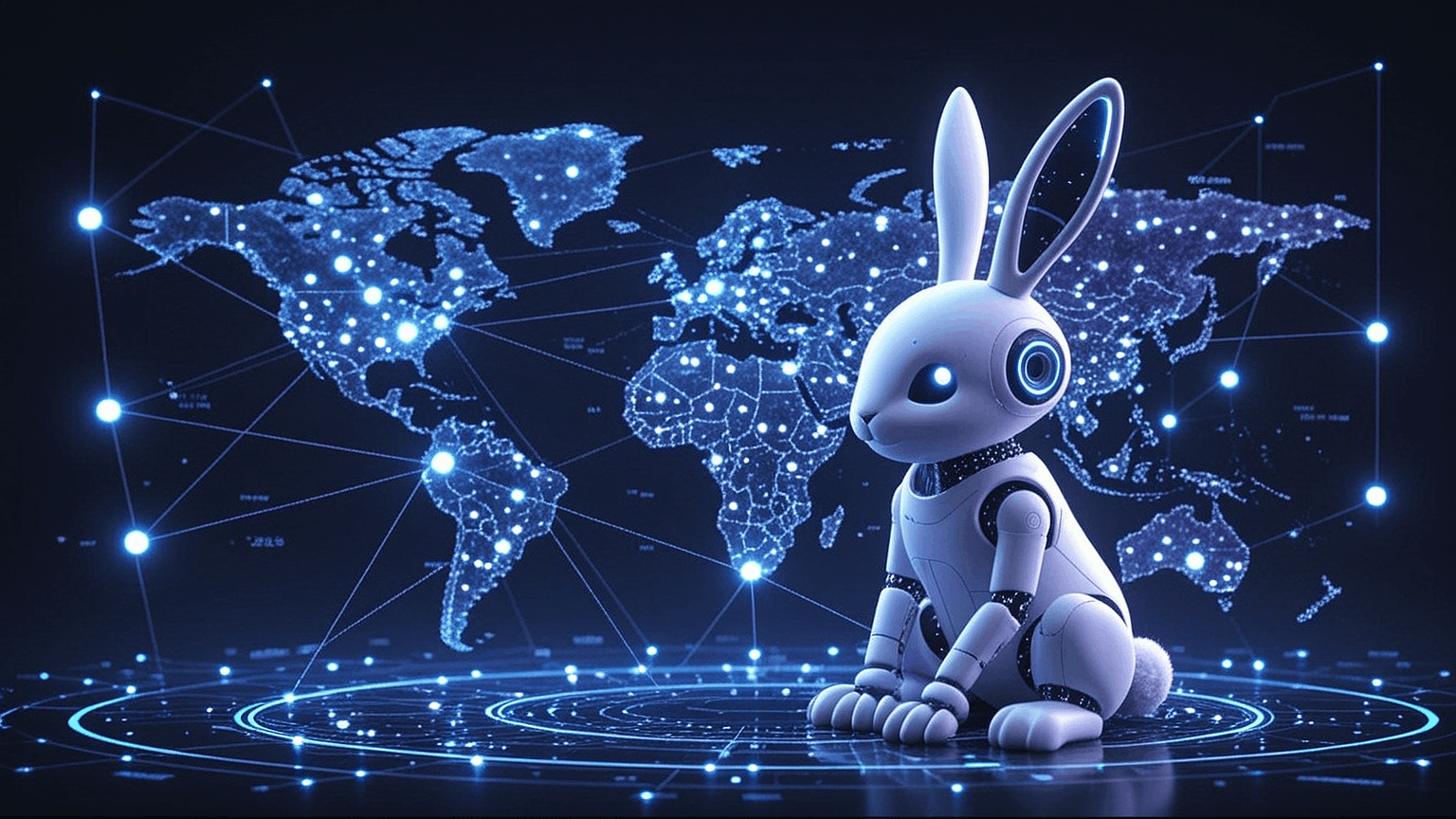 A sleek cybernetic bunny sits before a holographic network map, representing decentralized AI infrastructure.