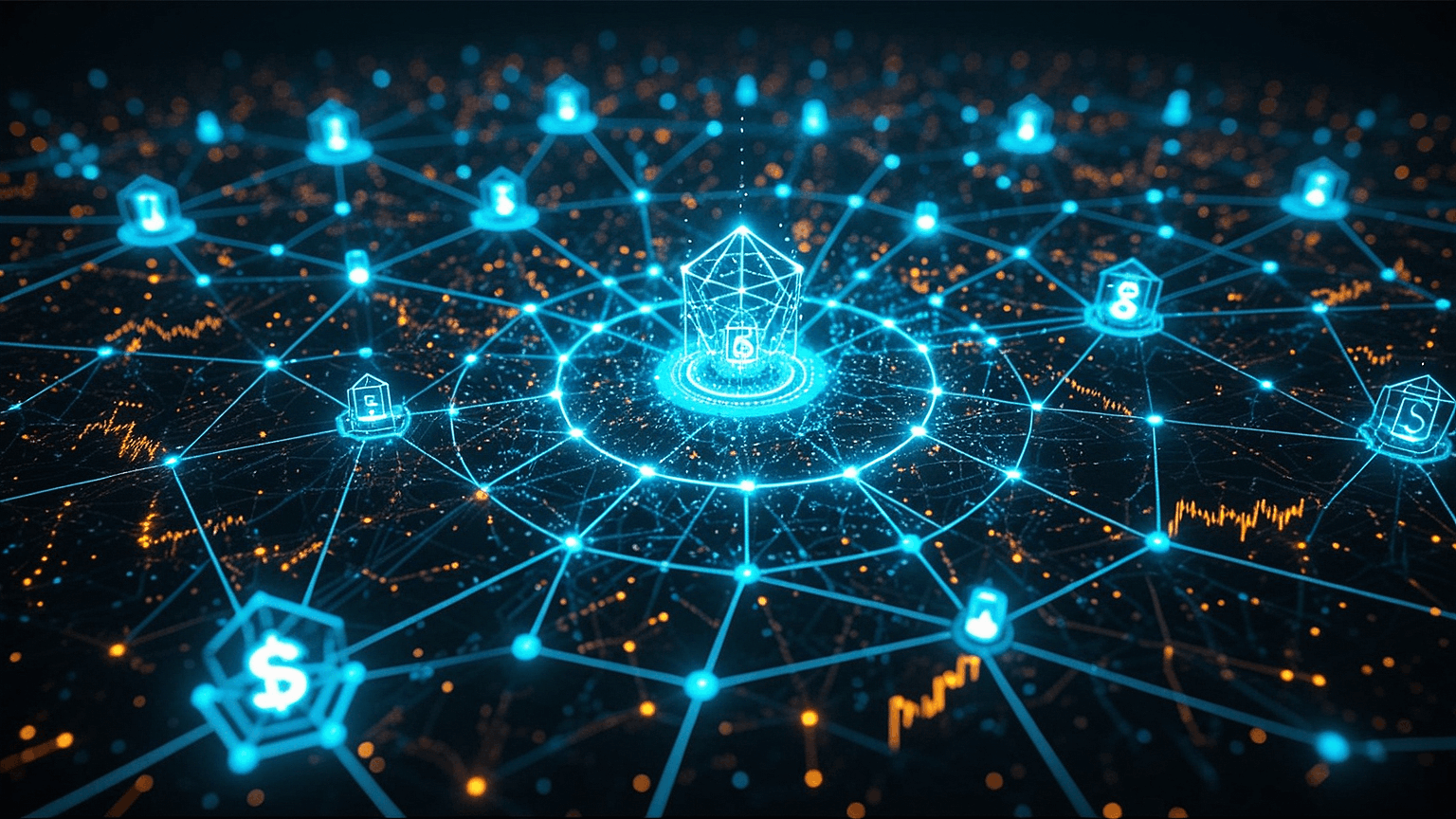 Abstract visualization of a Solana blockchain network with glowing circuit patterns, neural nodes, and autonomous trading agents orbiting a central data hub.