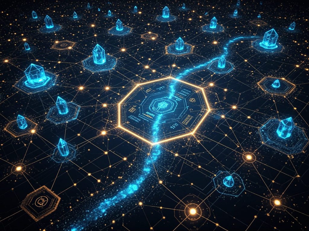 Futuristic visualization of a decentralized AI data evaluation marketplace
