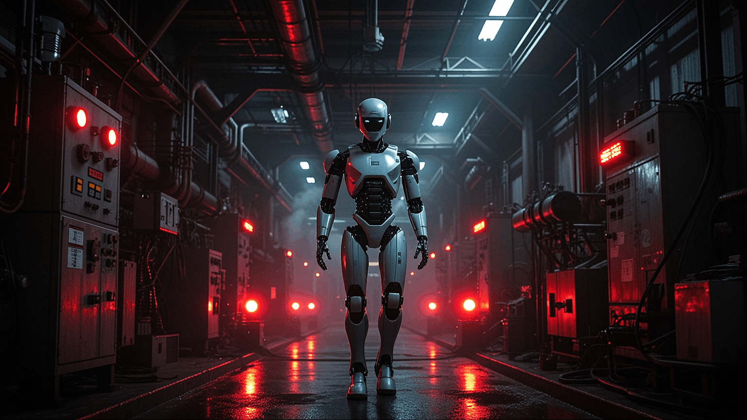 A humanoid robot patrols a dark industrial nuclear facility, surrounded by glowing warning lights, steam vents, and high-voltage equipment.