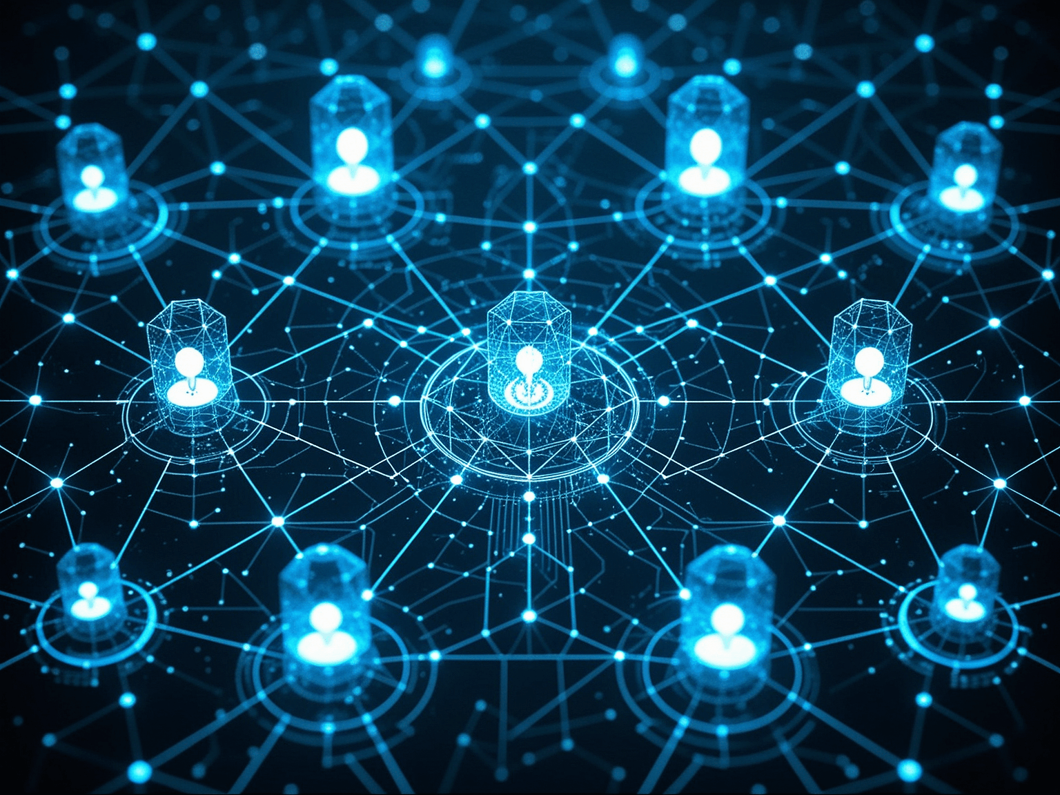 Futuristic visualization of multi-agent AI orchestration showing interconnected holographic agent nodes in a swarm pattern