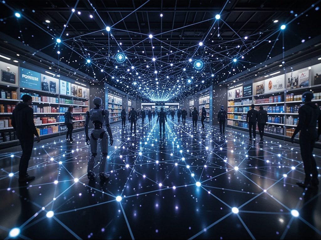 Futuristic visualization of Auki's posemesh network showing humanoid robots navigating a retail store with digital twin overlays, spatial computing grid lines, and holographic data streams connecting devices in a dark blue cybernetic aesthetic.