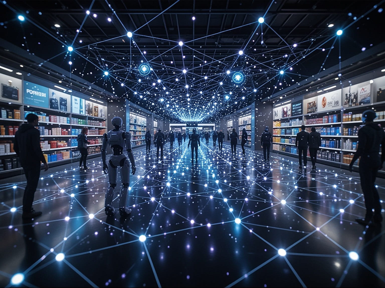 Futuristic visualization of Auki's posemesh network showing humanoid robots navigating a retail store with digital twin overlays, spatial computing grid lines, and holographic data streams connecting devices in a dark blue cybernetic aesthetic.