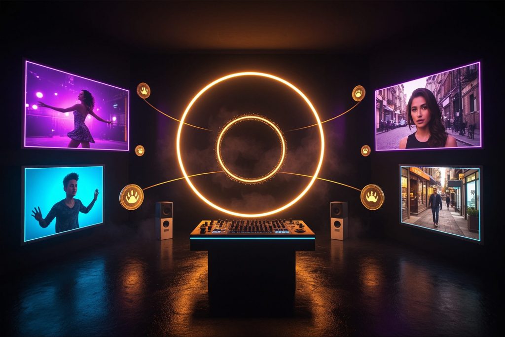A dark studio console surrounded by floating holographic screens showing face-swap video clips, with glowing coins orbiting a golden flywheel loop