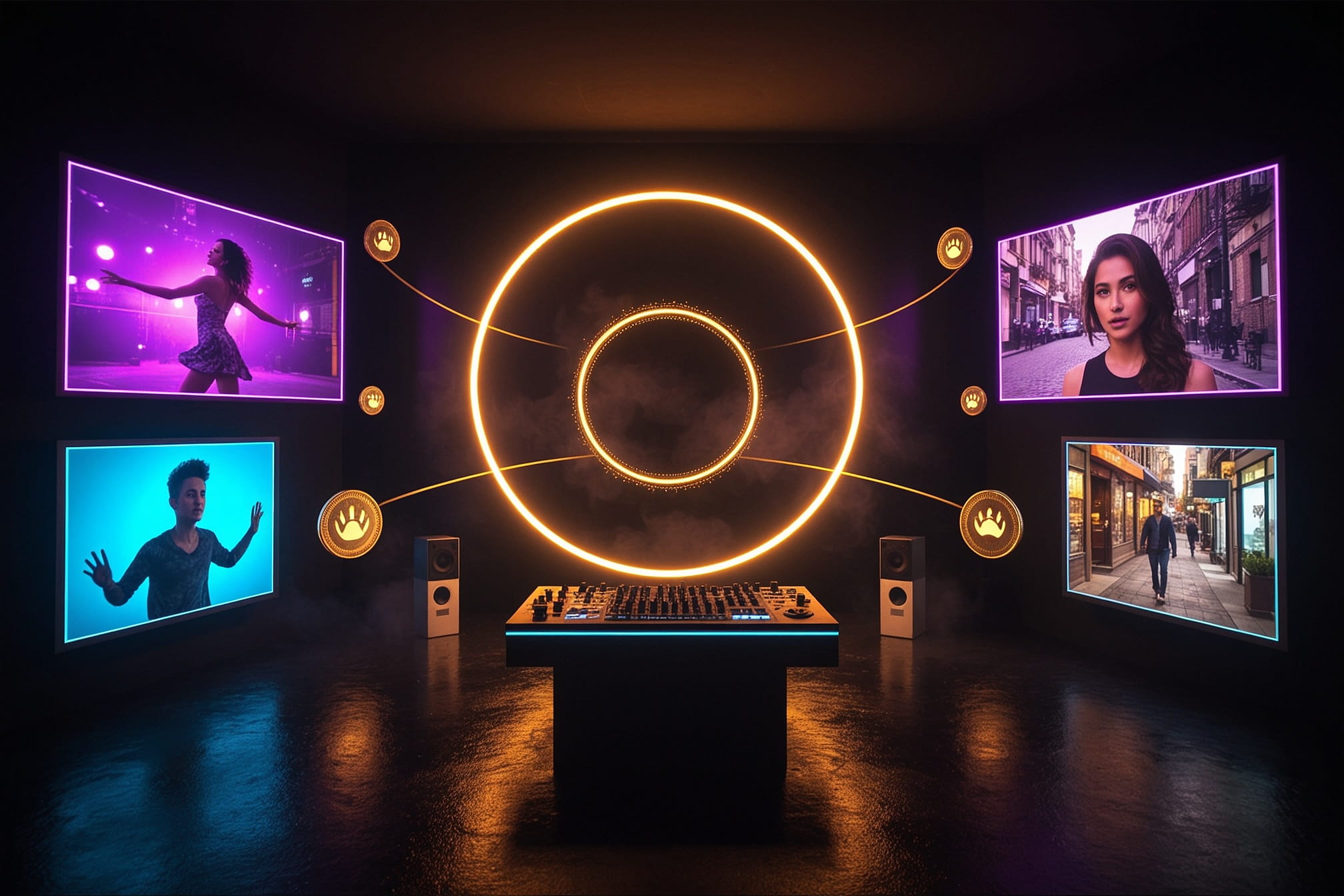 A dark studio console surrounded by floating holographic screens showing face-swap video clips, with glowing coins orbiting a golden flywheel loop