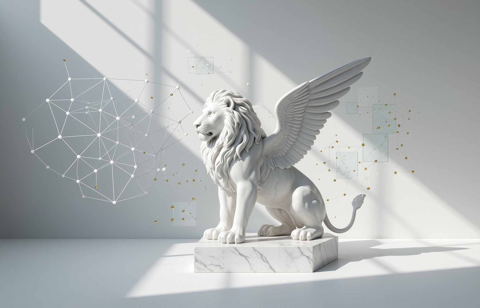Marble winged lion with minimal network line art on white.