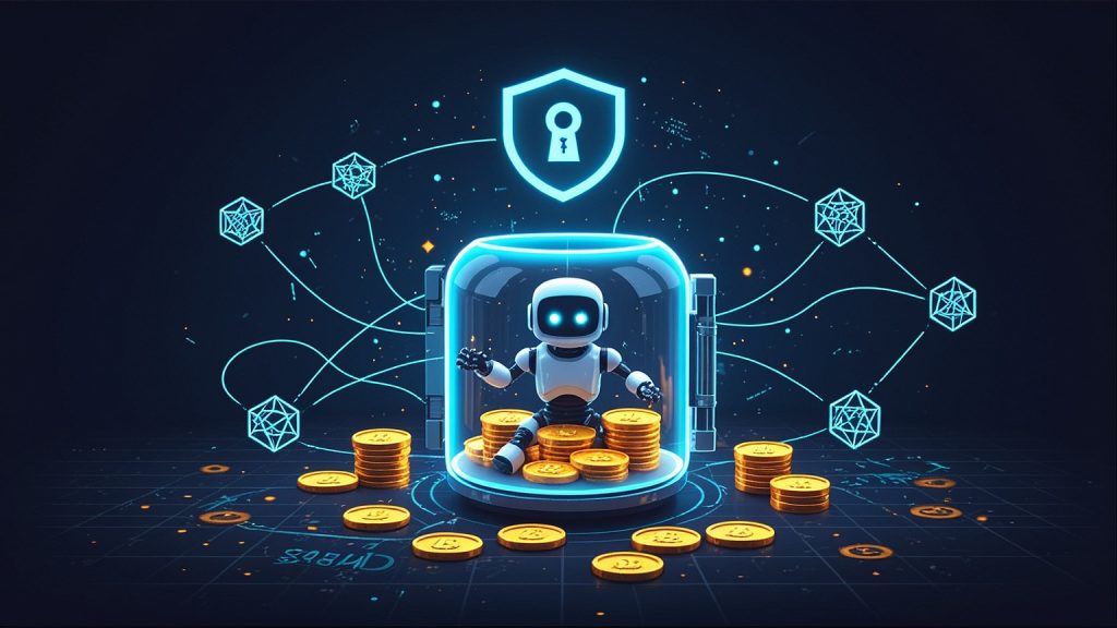 Robot yield agent managing coins inside a self-custodial smart-wallet vault, linked to five blockchains under a keyhole shield.